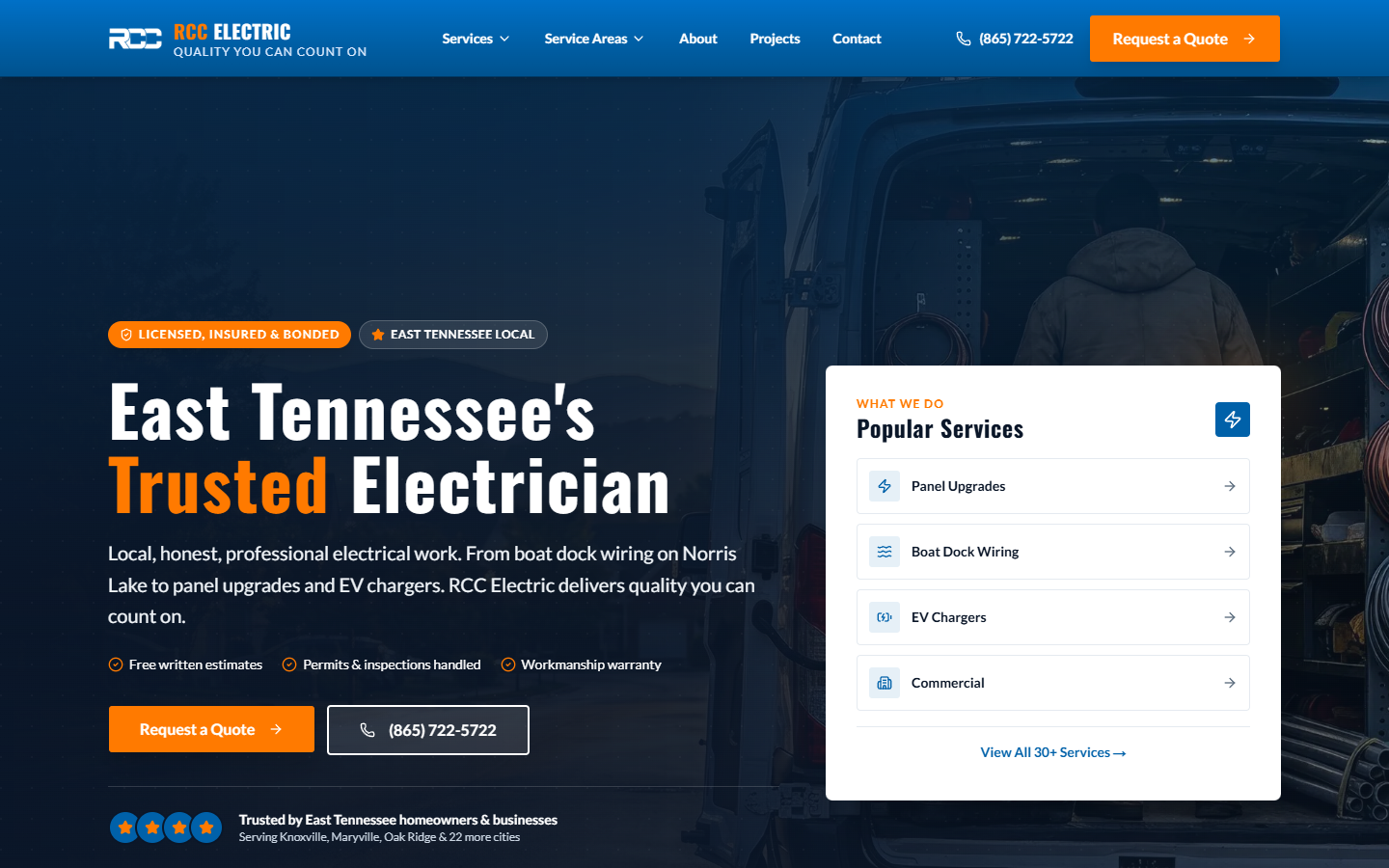 RCC Electric website homepage built by Buildra Systems